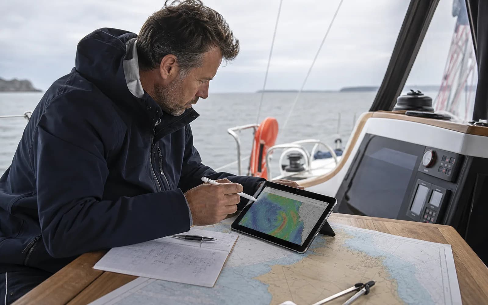 Préparation météo sur une table à cartes avant une navigation