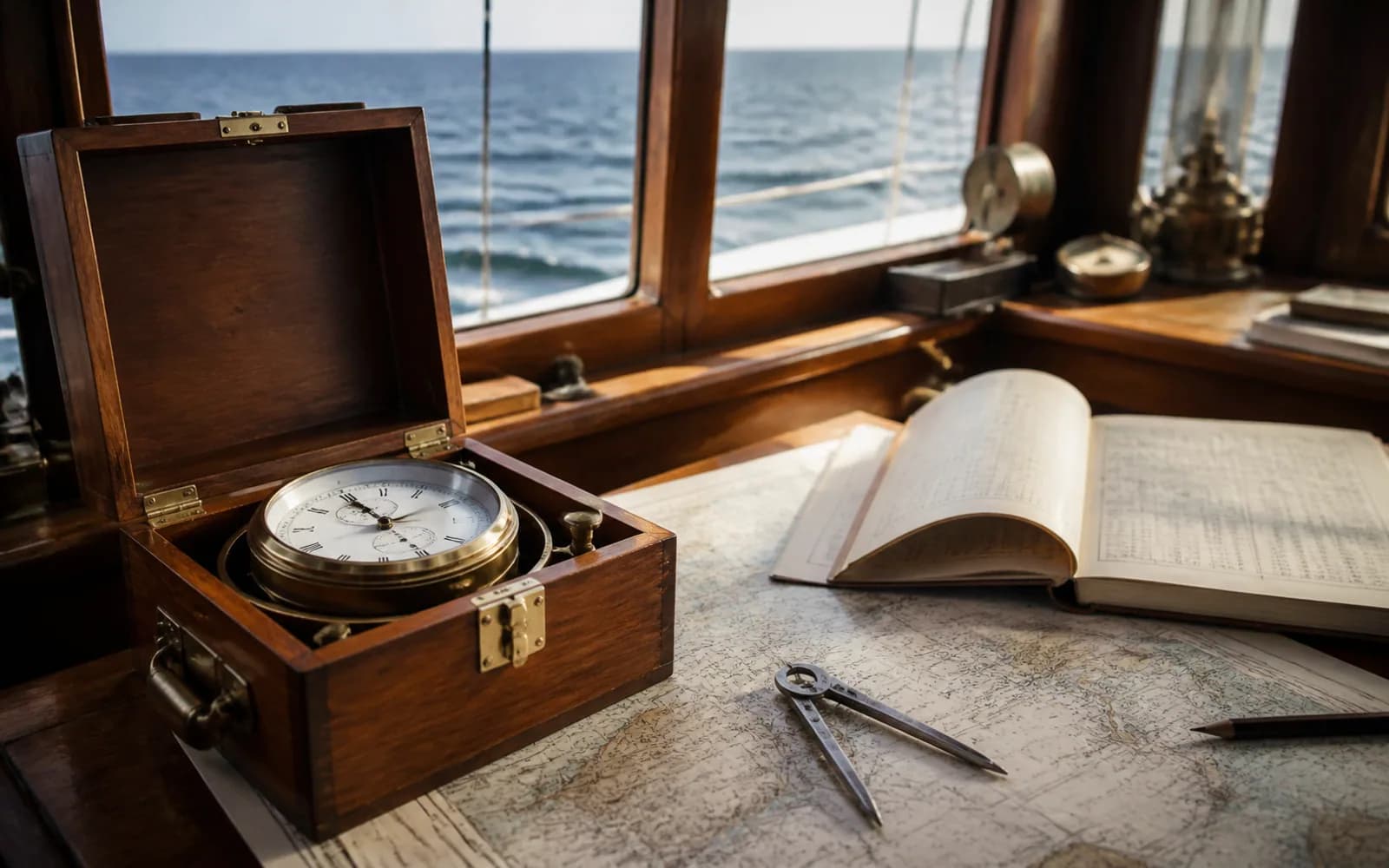 Chronomètre marin posé avec une carte et un compas à pointes sèches