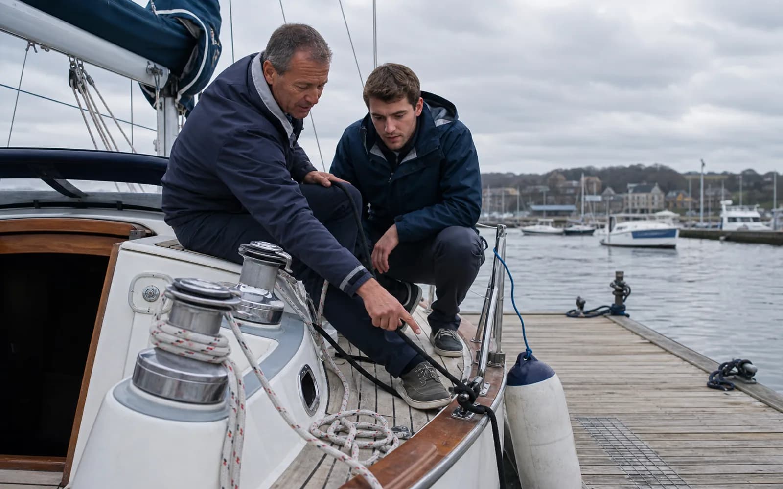 Marin montrant les amarres et commandes du voilier à un équipier débutant