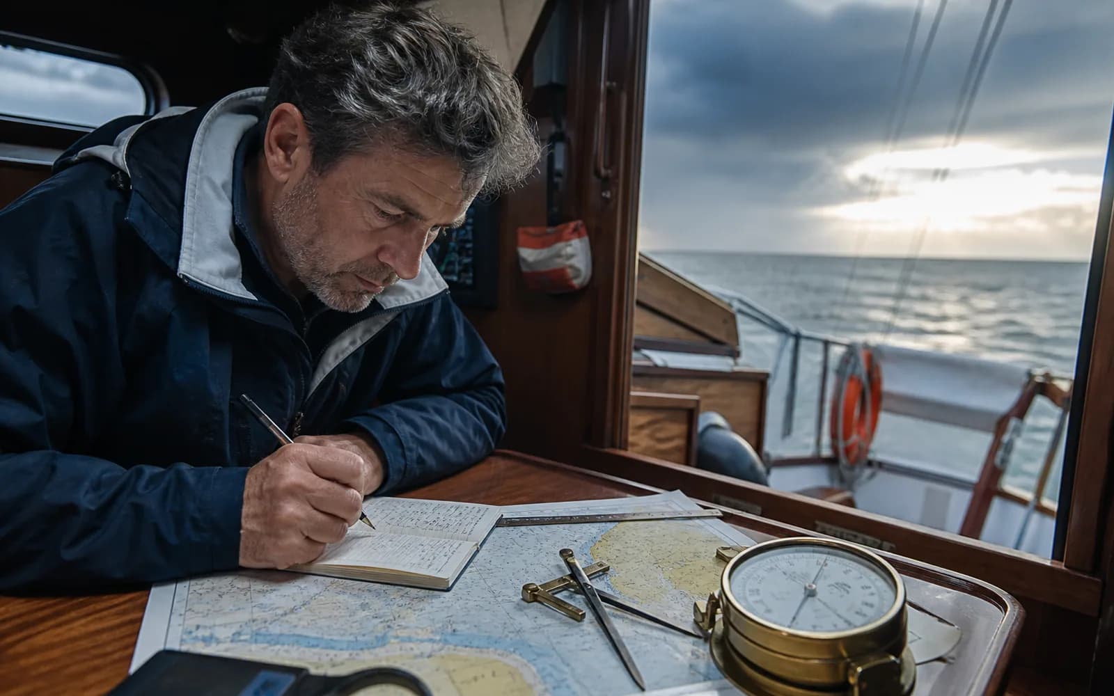 Baromètre et journal météo disposés sur une table à cartes