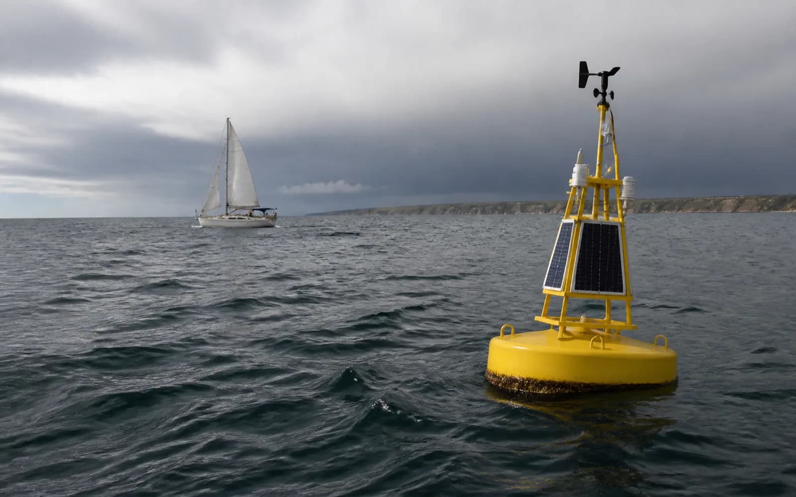 Bouée houlographe jaune mesurant la mer près d’un voilier