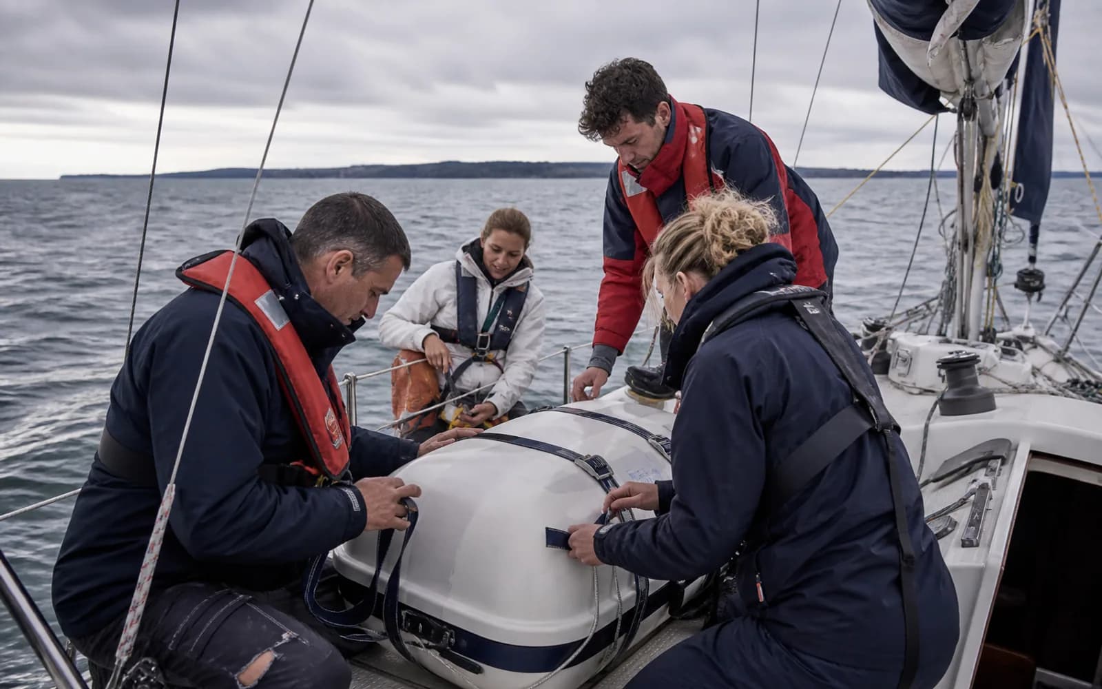 Équipage préparant le radeau sans quitter prématurément le bateau