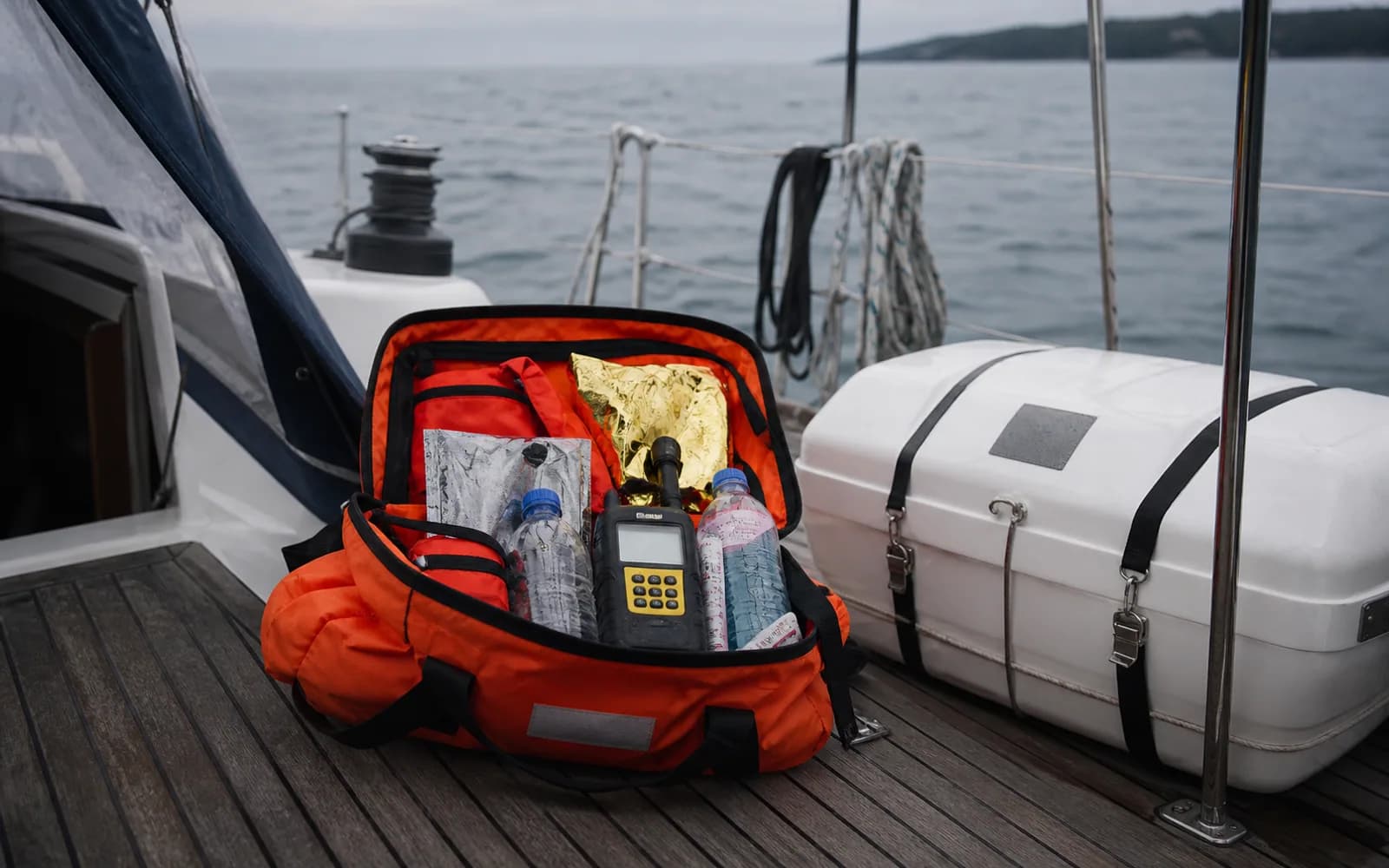 Sac d’abandon organisé près du radeau de survie sur le pont