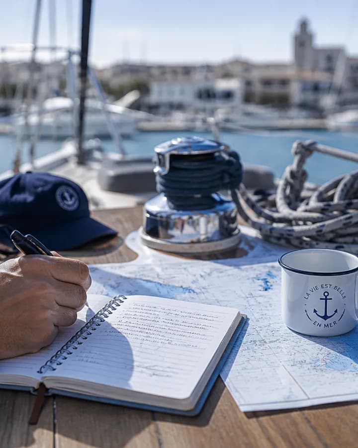 Journal de bord ouvert sur la table extérieure d’un voilier