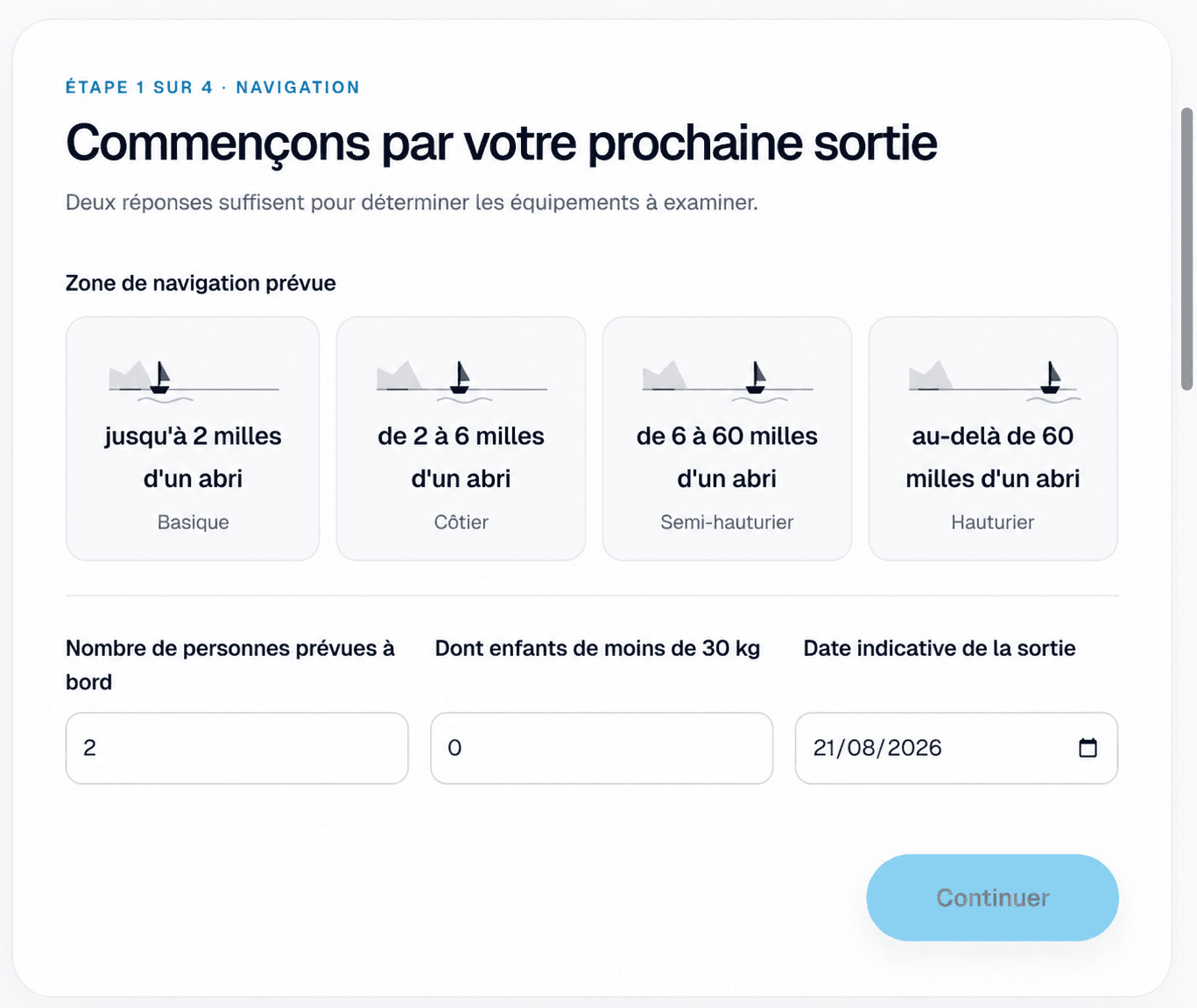 Premier écran du questionnaire MonBosco présentant les quatre zones de navigation