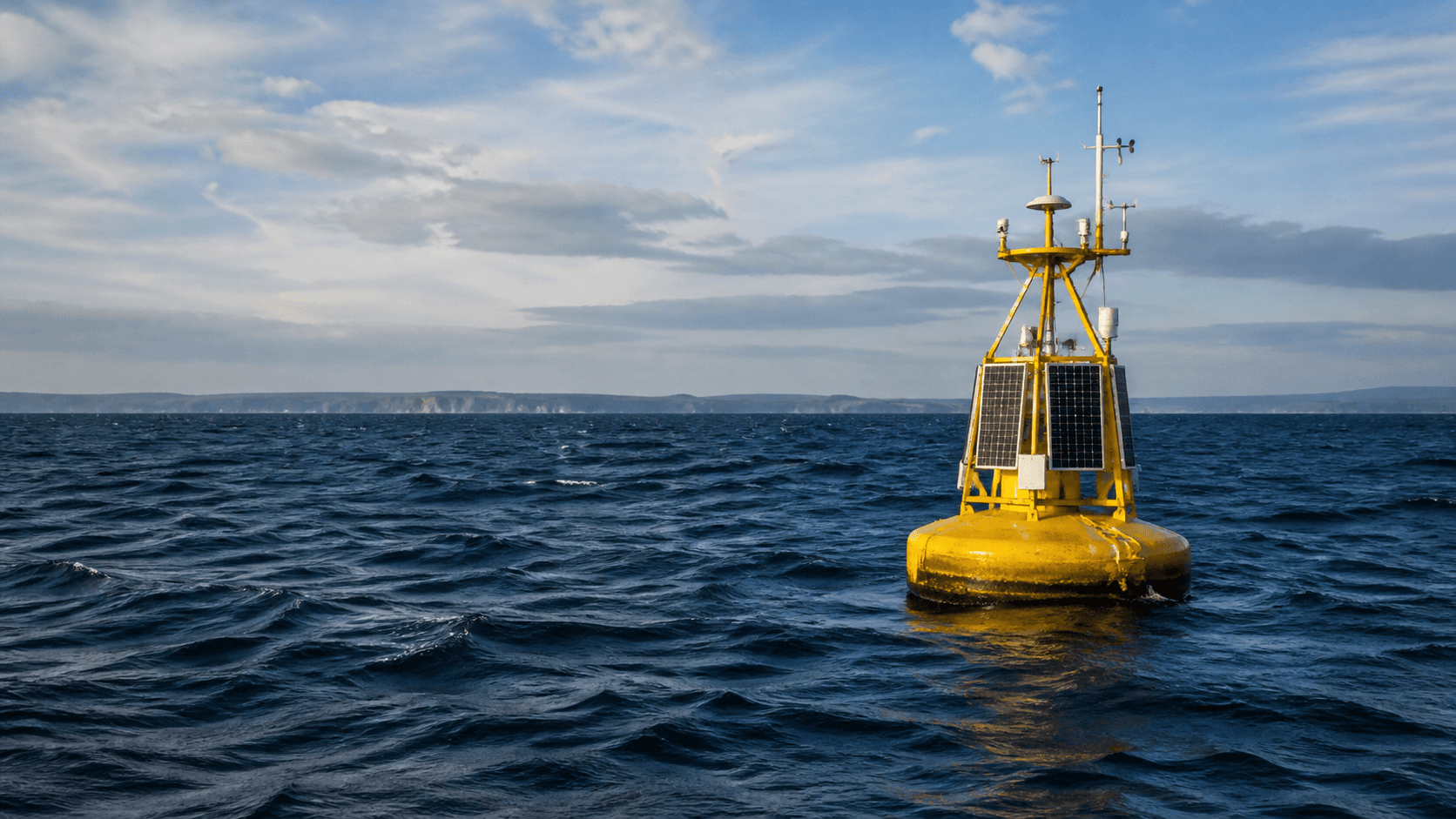 Bouée houlographe jaune mesurant l’état de la mer au large