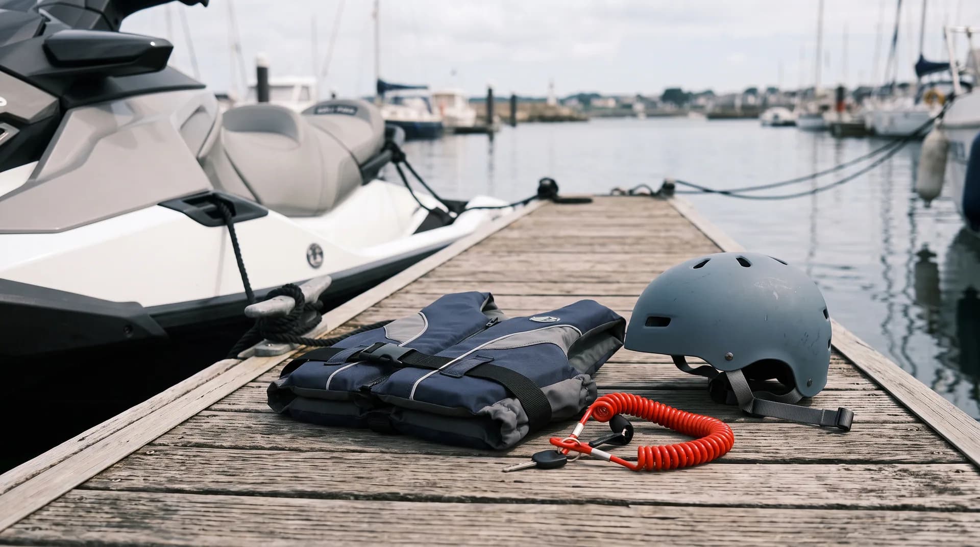 Casque, gilet de flottabilité et coupe-circuit préparés près d’un véhicule nautique à moteur