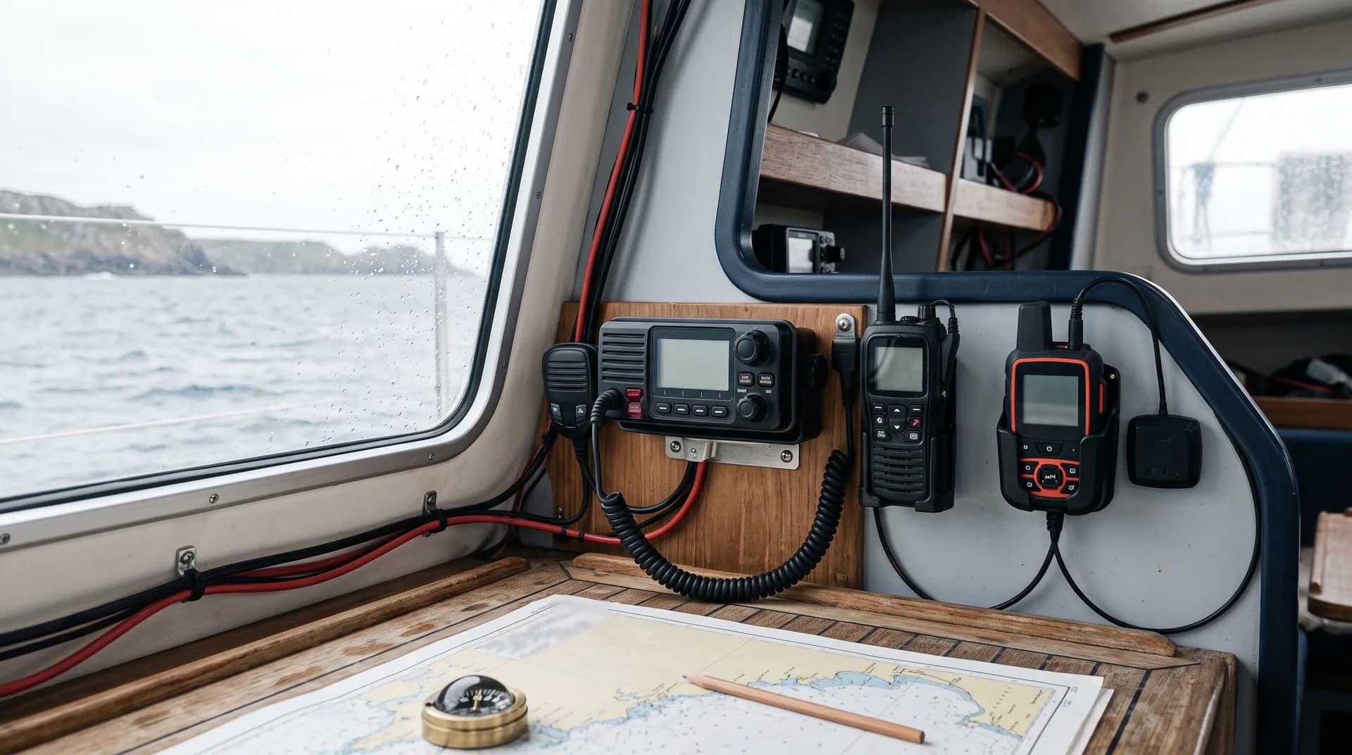 VHF fixe et moyen de communication satellite installés au poste de barre