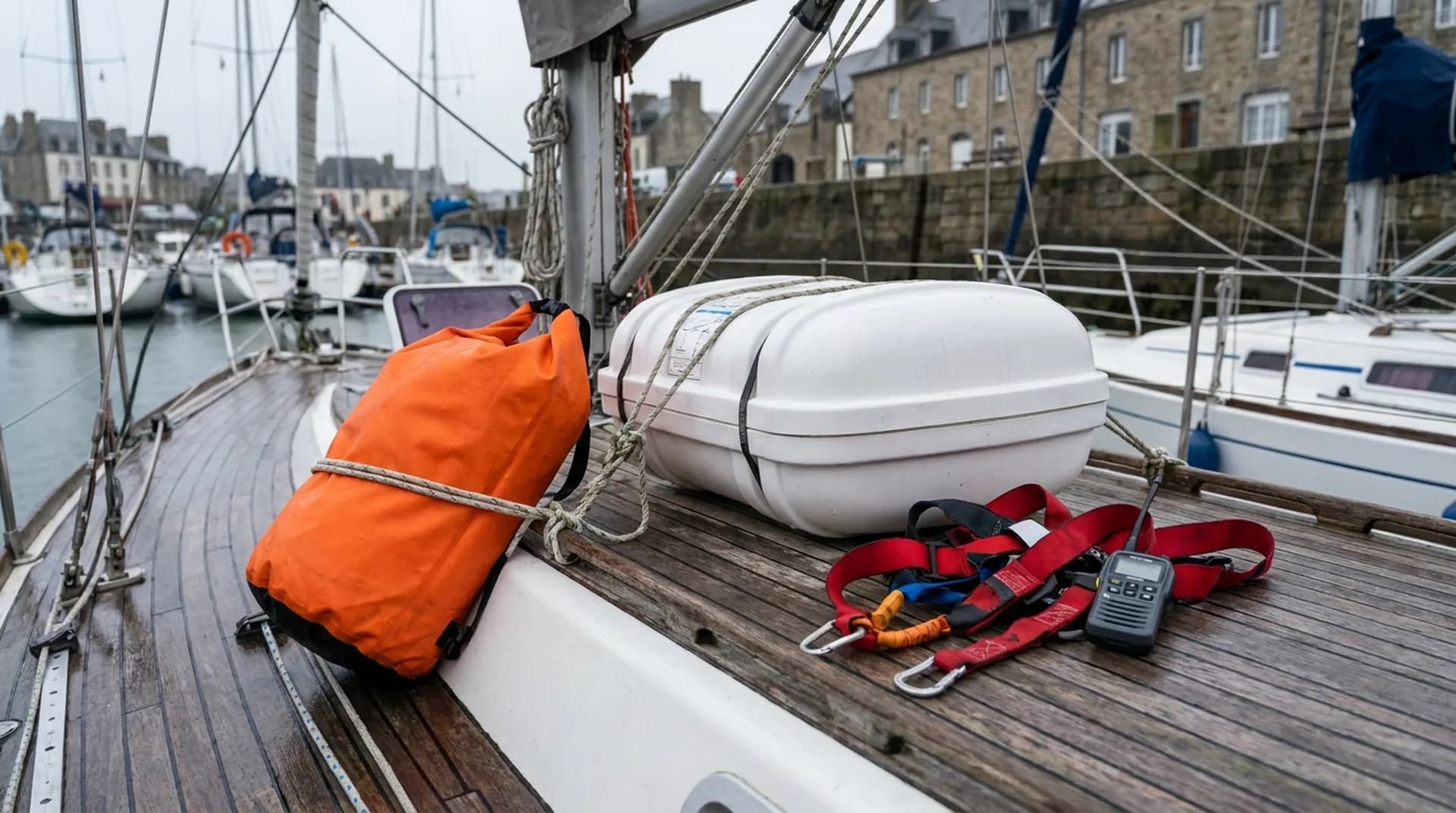 Sac étanche de survie, conteneur de radeau et VHF portable prêts sur le pont d’un voilier à quai