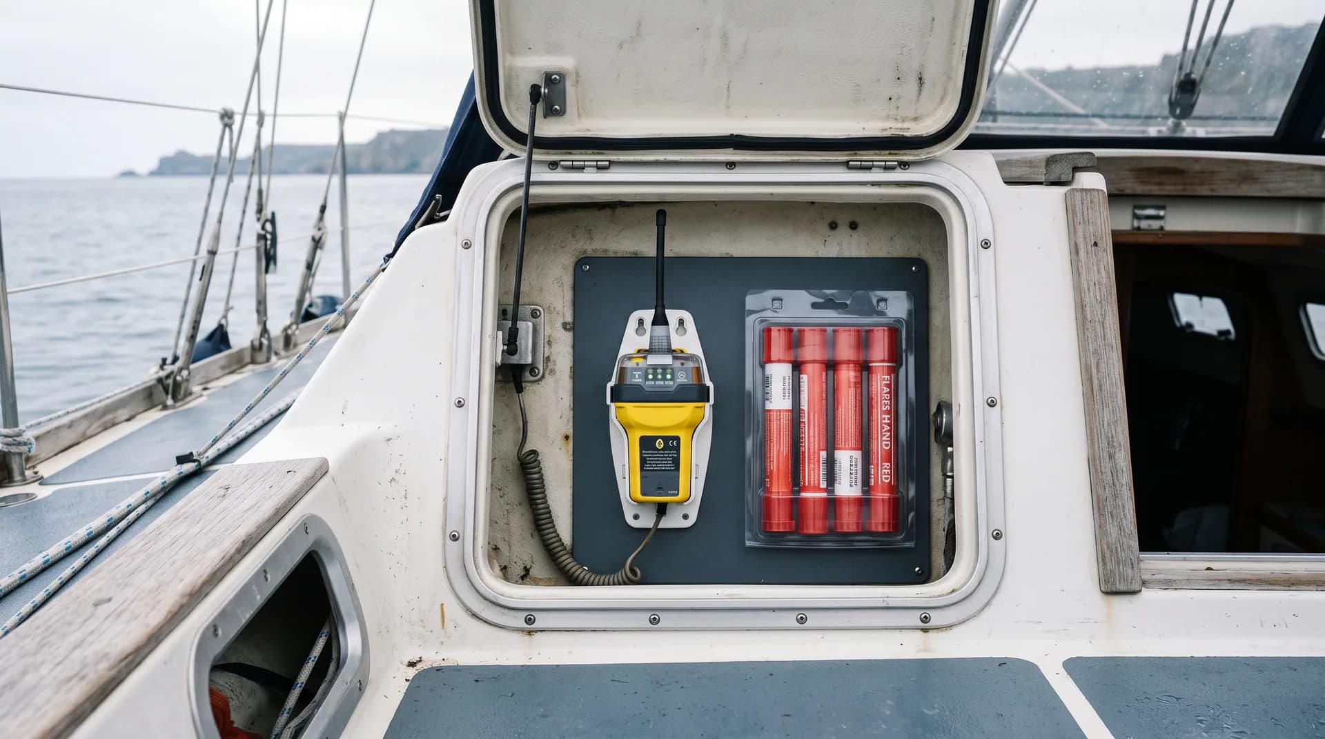 Feux rouges à main et balise de détresse rangés dans un coffre de bateau