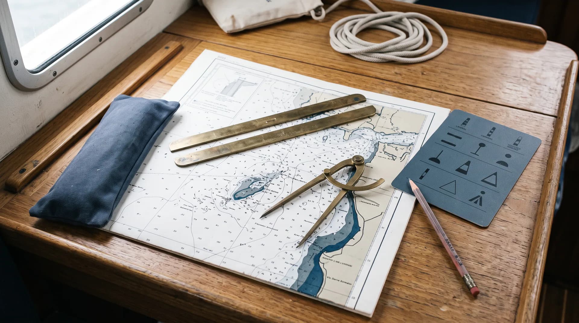 Carte marine, règle, compas et documents nautiques préparés sur une table à cartes
