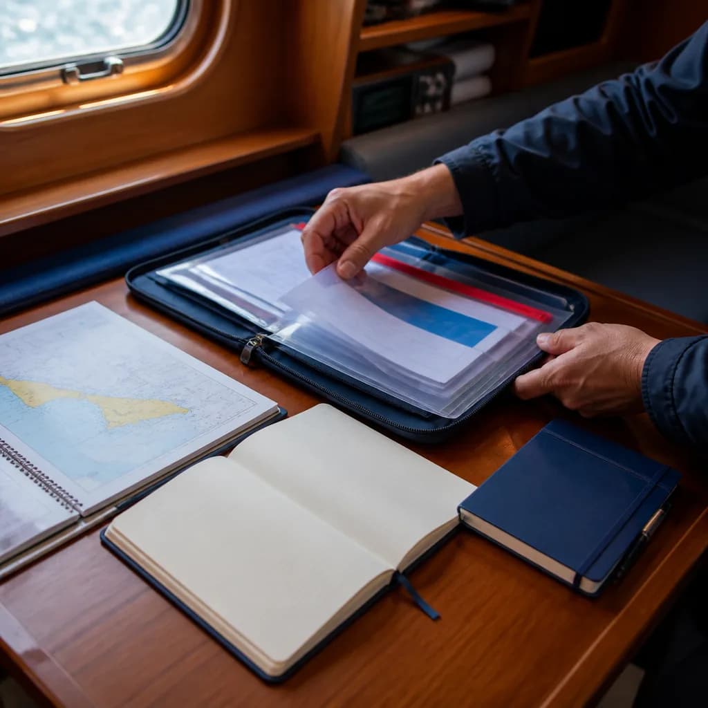 Journal de bord, cartes et documents nautiques organisés