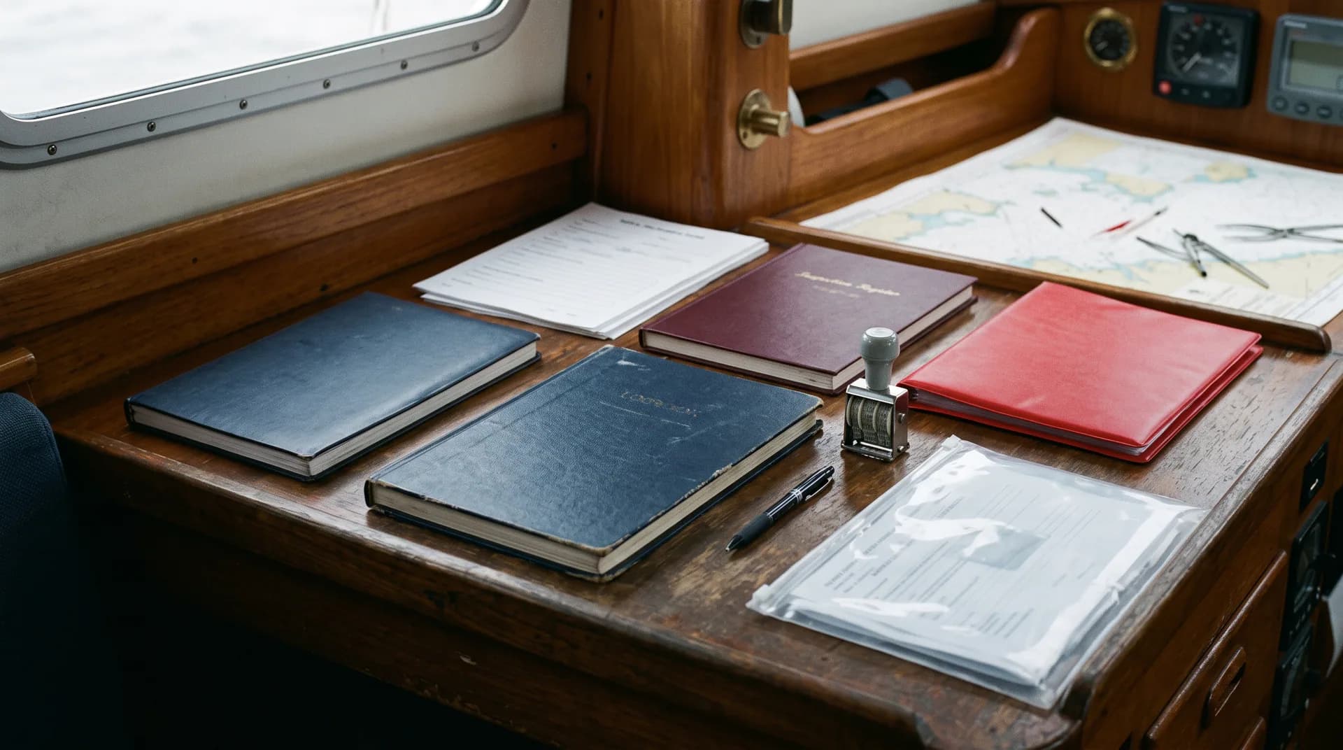 Journal de bord, registre et documents de sécurité organisés à la table à cartes