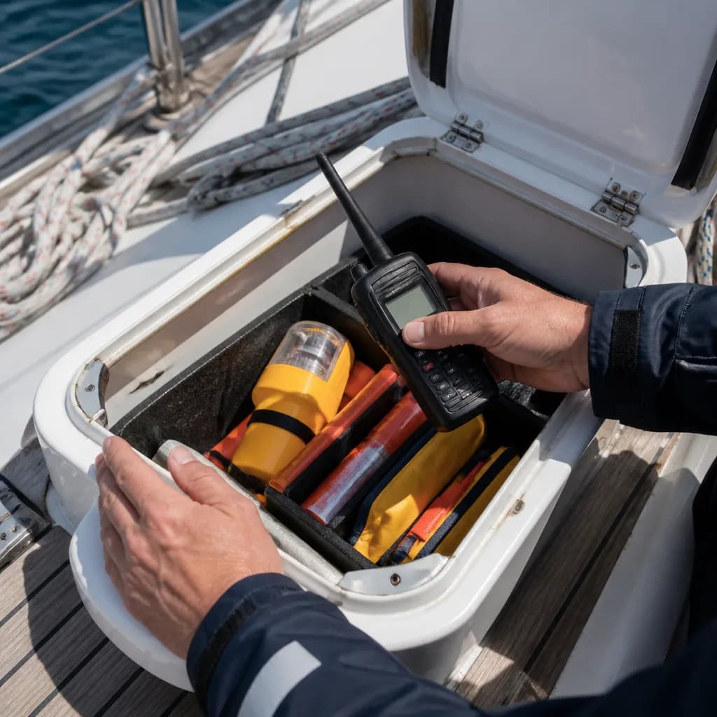 Moyens d’alerte et de détresse rangés dans un coffre de bateau