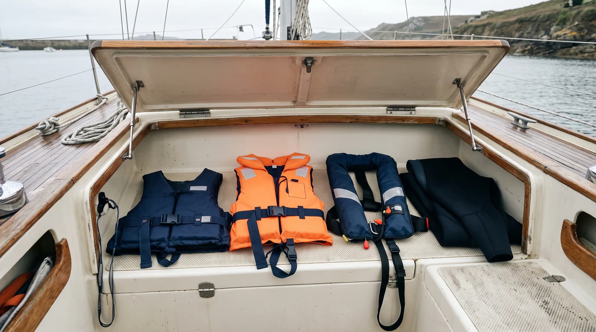Gilets de flottabilité et combinaison néoprène rangés dans un coffre de voilier