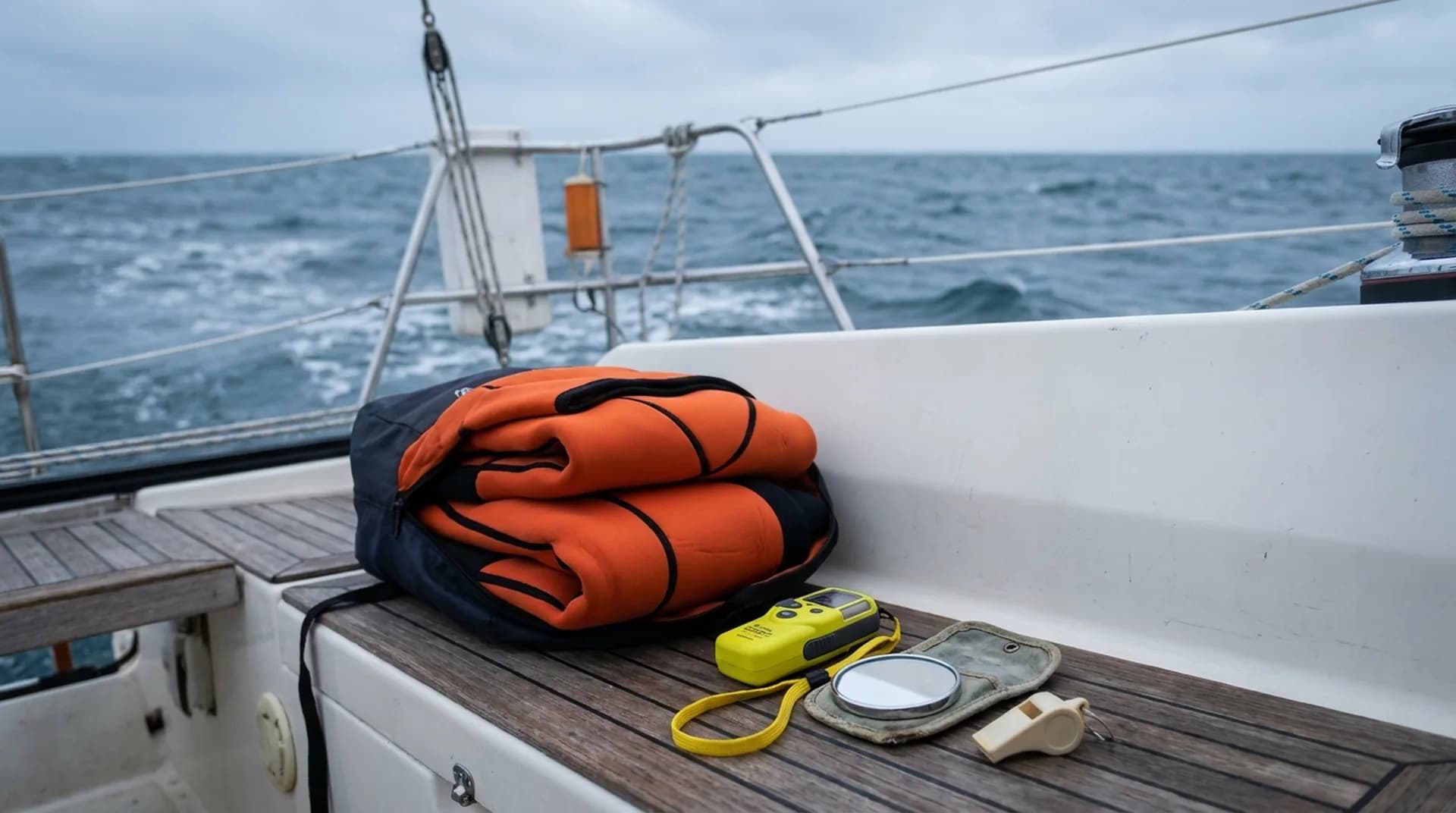 Combinaison de survie, balise personnelle, miroir de signalisation et sifflet disposés sur un banc de cockpit