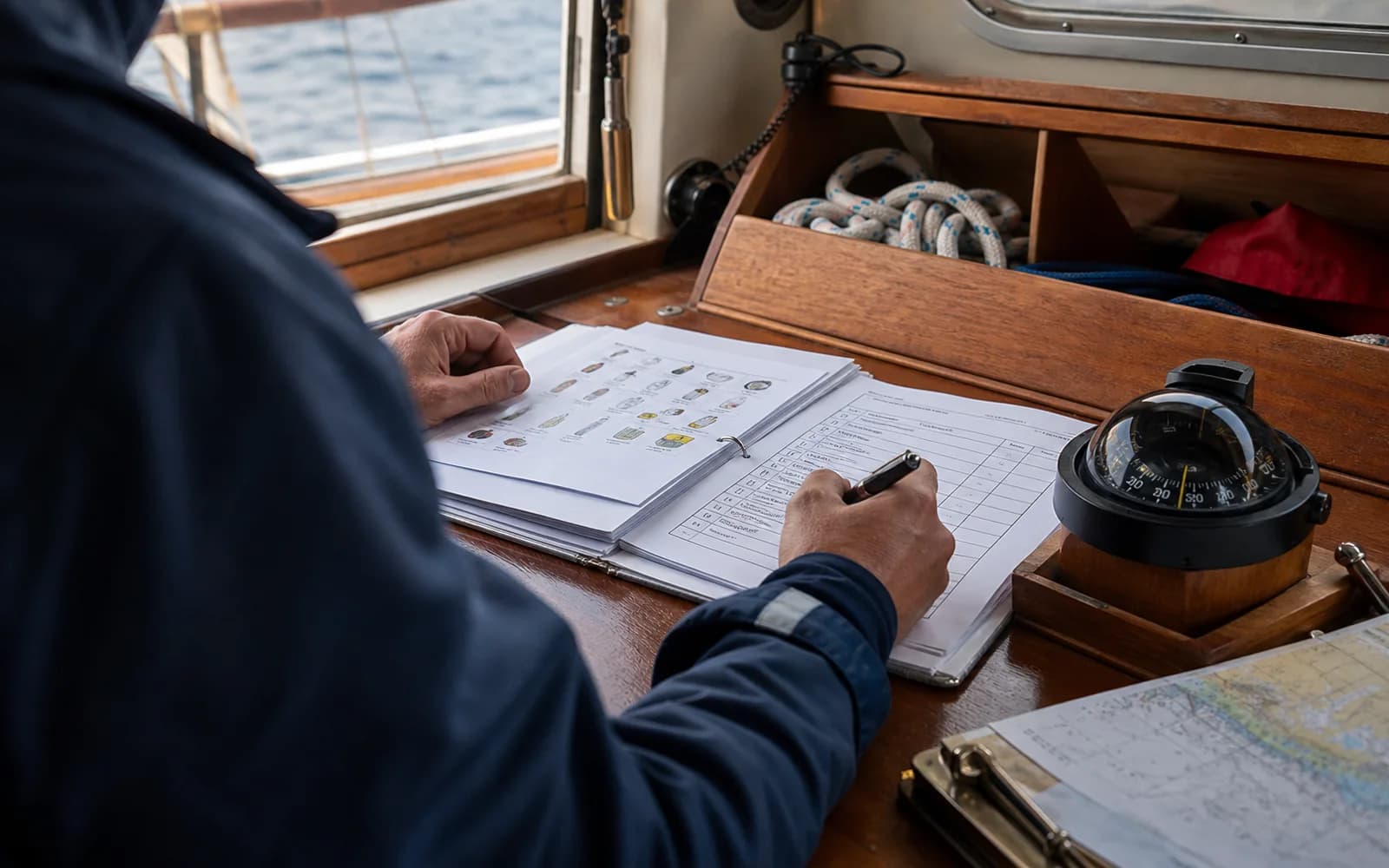 Dossier de préparation du bateau organisé sur une table à cartes