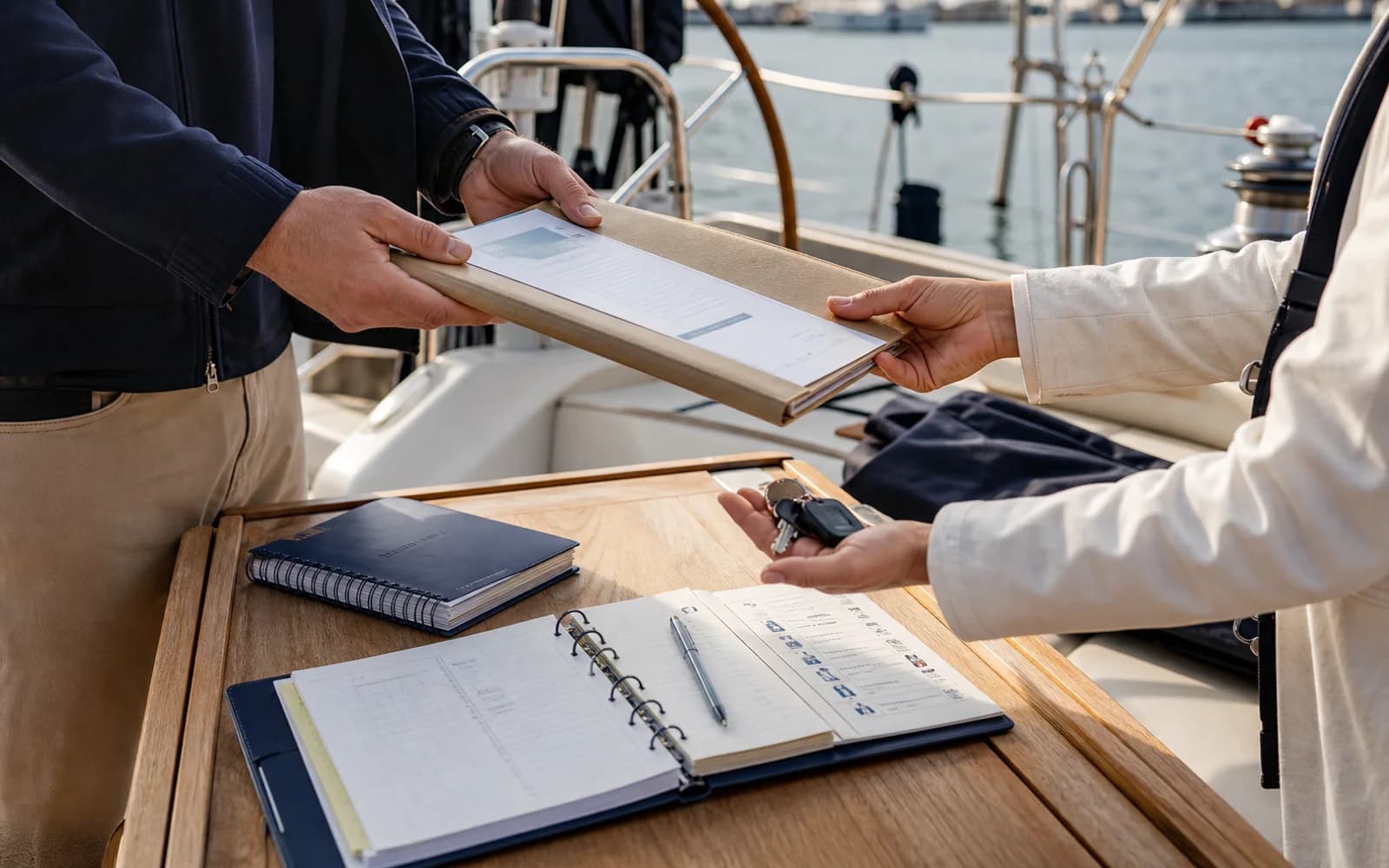 Propriétaire remettant le dossier et les clés du bateau à un autre plaisancier