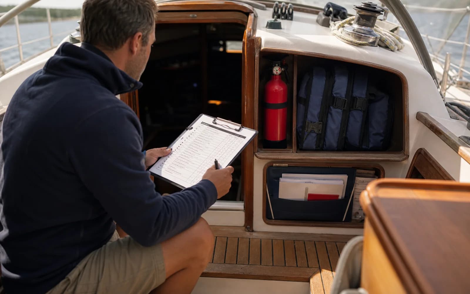 Chef de bord contrôlant les équipements et documents de sécurité de son bateau