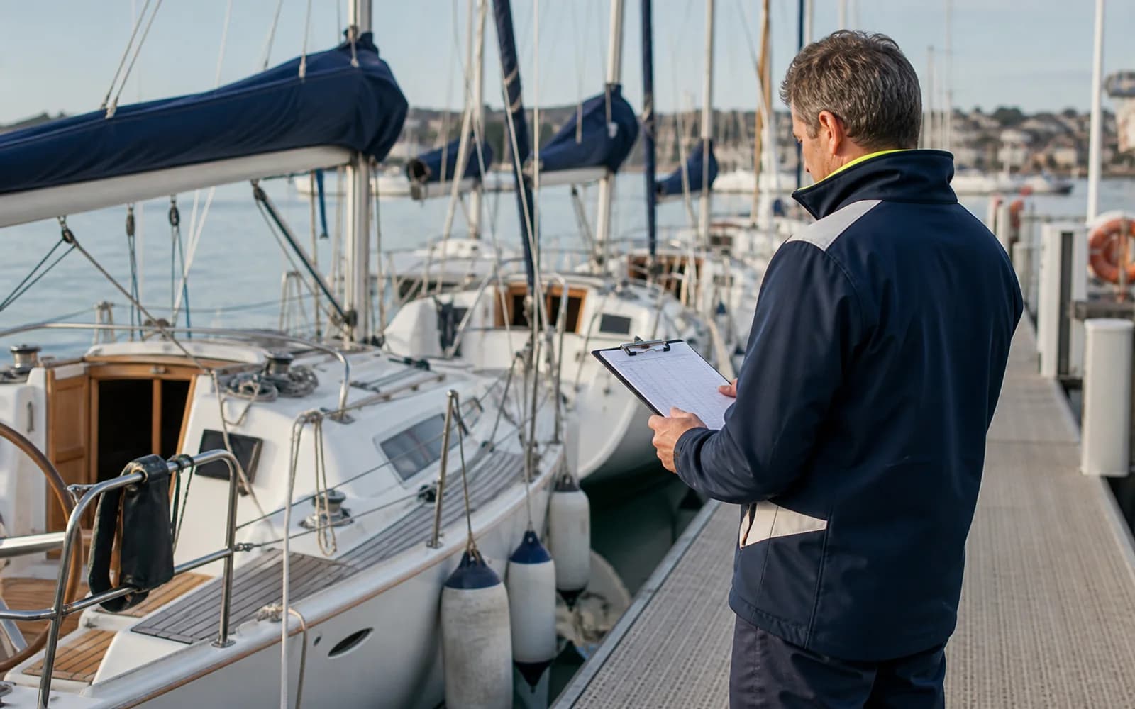 Responsable d’école de voile vérifiant plusieurs bateaux depuis le ponton